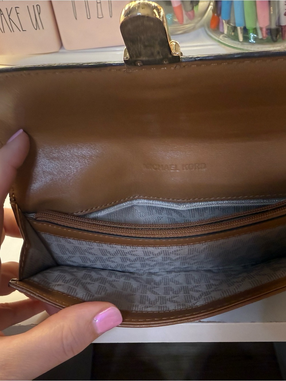 Michael Kors Dark Brown Monogram Clutch Wallet with Tan Strap - Picture 5 of 6